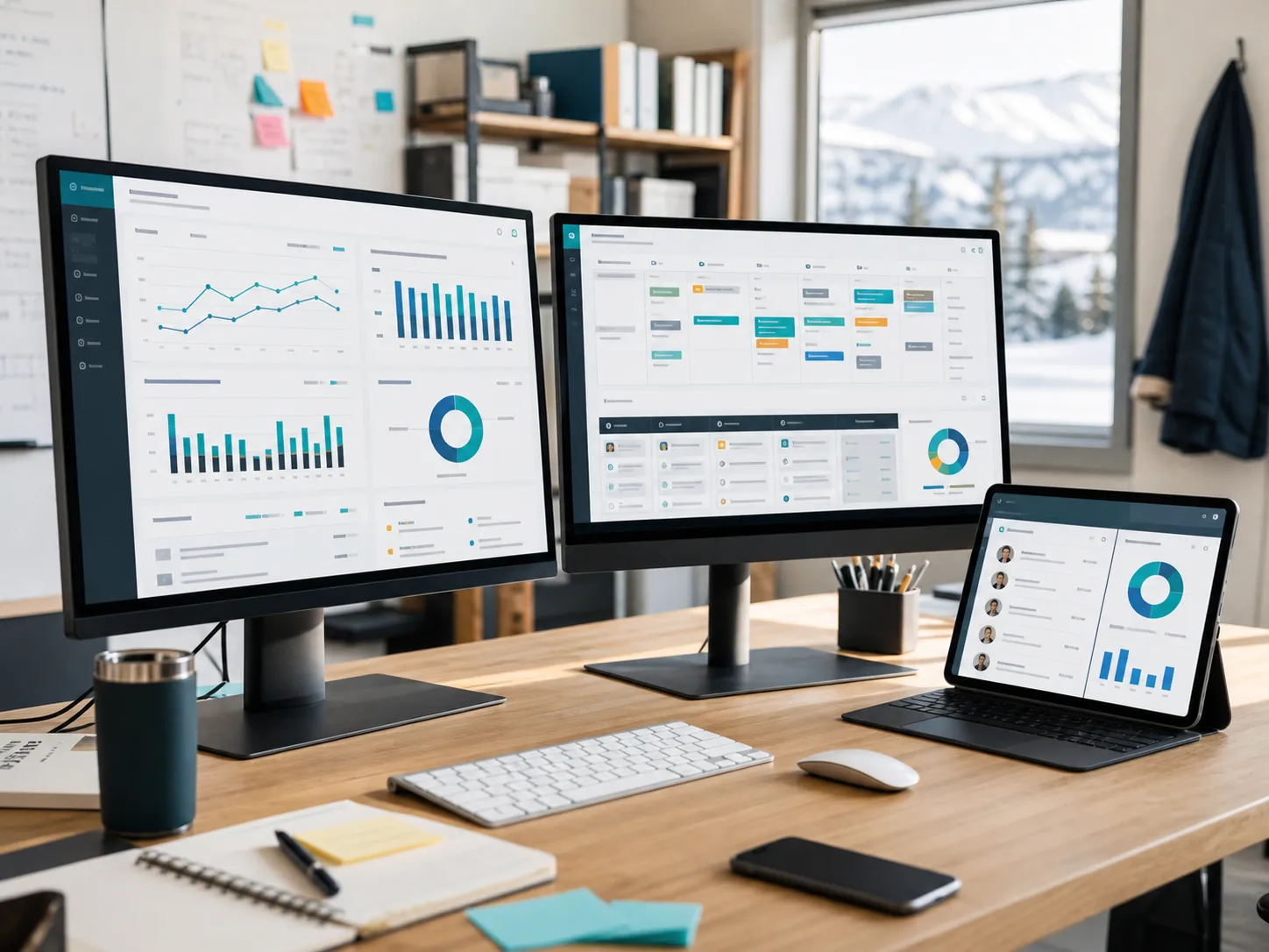 Business operations dashboards displayed on monitors and tablet devices