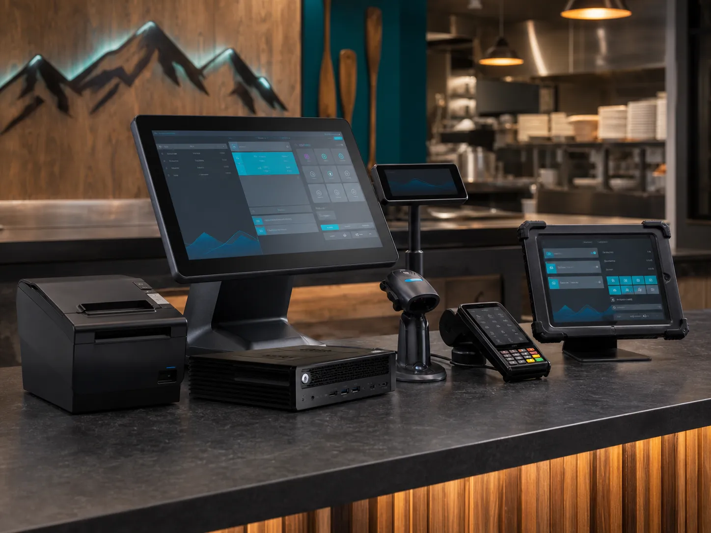 Commercial point of sale and computer hardware arranged on a restaurant counter
