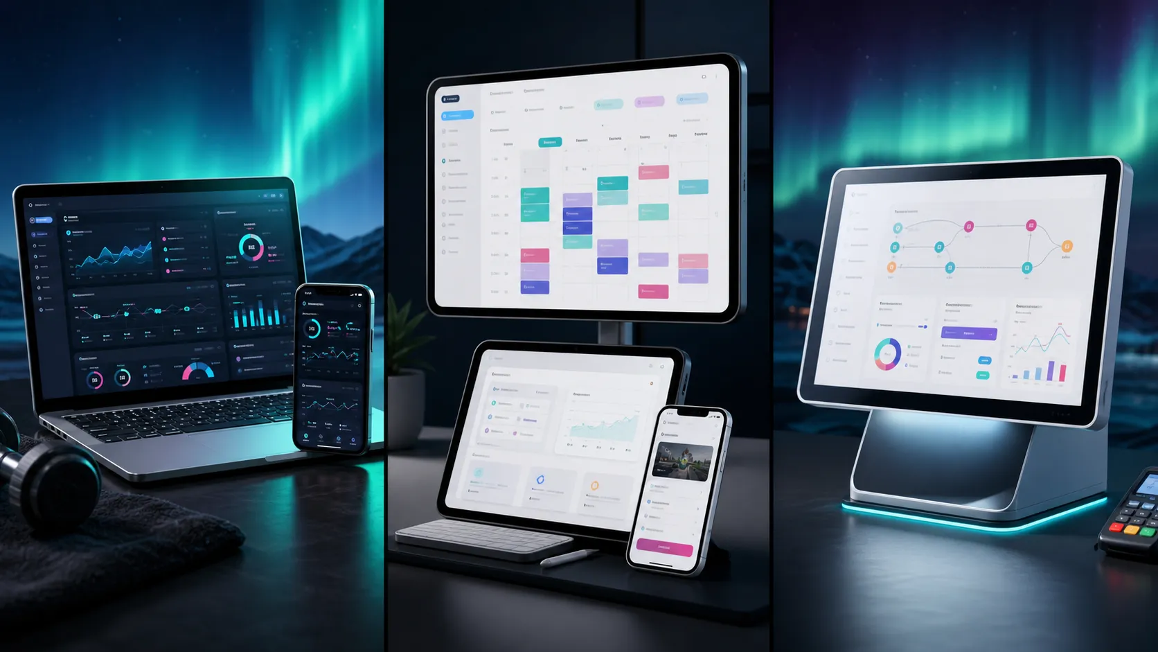 Portfolio-style device mockups showing dashboards, calendars, and kiosk software with aurora lighting